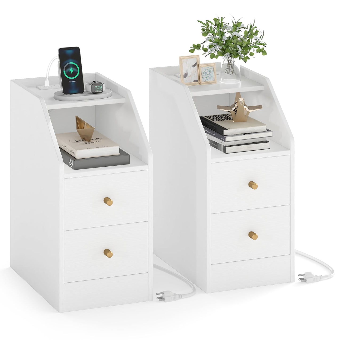 Set of 2 Side End Tables with Charging Station Sofa Couch Tables with Shelf Drawers-Black