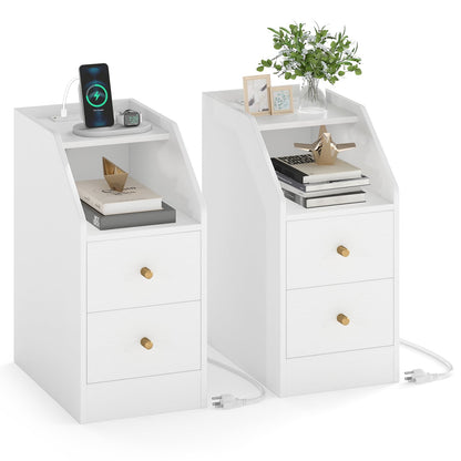 Set of 2 Side End Tables with Charging Station Sofa Couch Tables with Shelf Drawers-Black