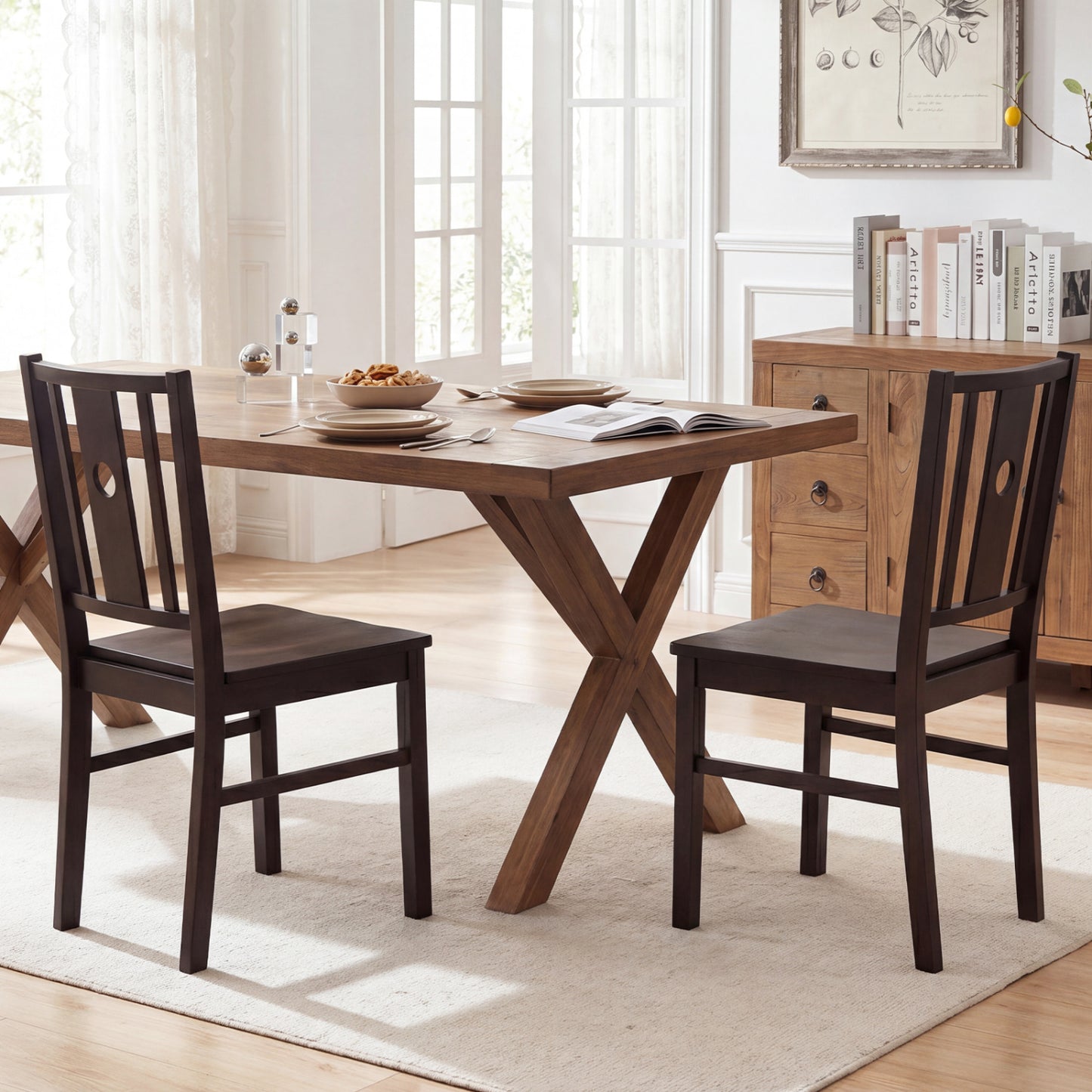 Set of 2 solid rubber wood kitchen chairs with slatted curved backrests for dining rooms, in a coffee finish.