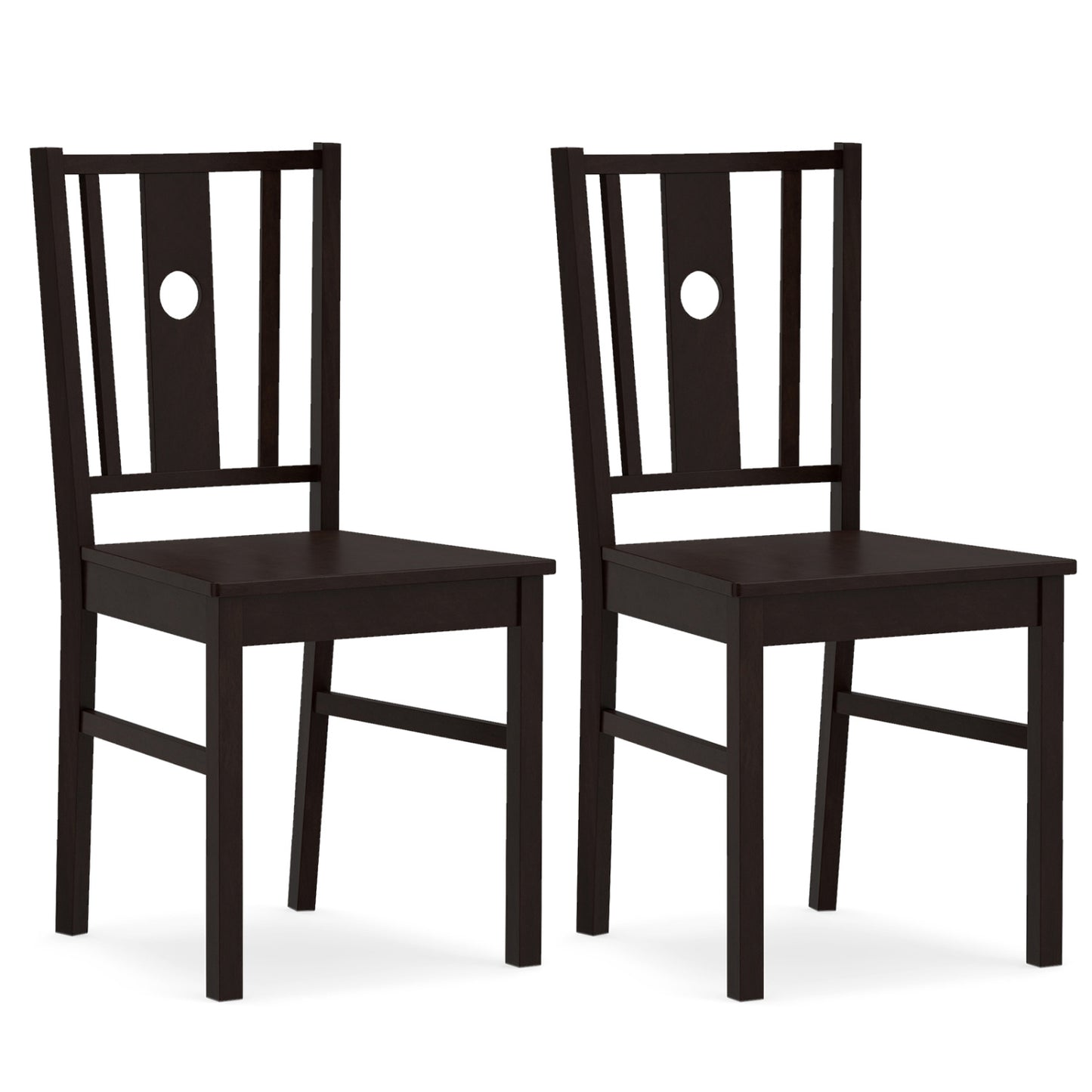 Set of 2 solid rubber wood kitchen dining chairs with slatted curved backrests in a coffee finish, designed for comfort and style.