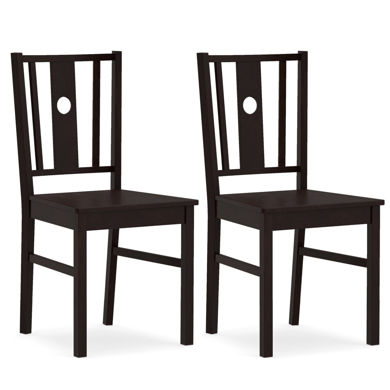 Set of 2 solid rubber wood kitchen dining chairs with slatted curved backrests in a coffee finish, designed for comfort and style.