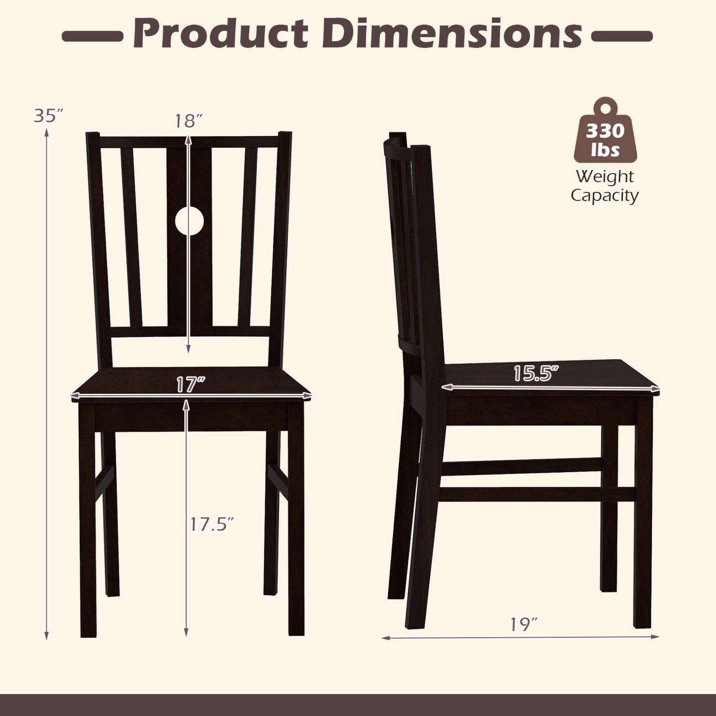 Set of 2 solid rubber wood kitchen dining chairs with slatted curved backrests, ideal for modern kitchen or dining room.