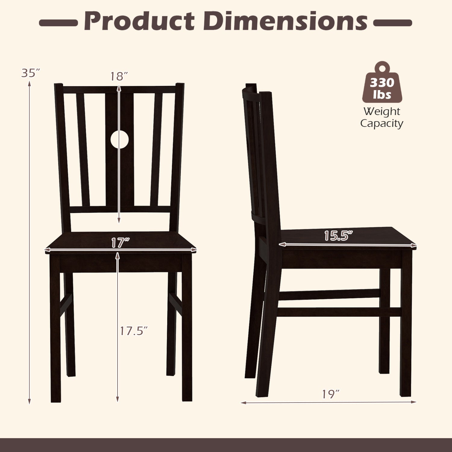 Set of 2 solid rubber wood kitchen dining chairs with slatted curved backrests, ideal for modern kitchen or dining room.