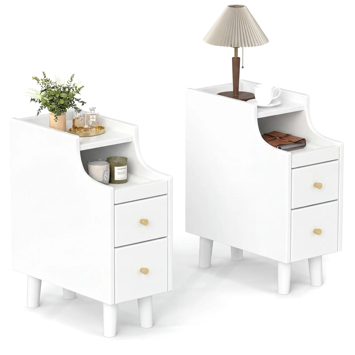 Set of 2 Solid Wood Night Side Table with Pull-out Tray and 2 Storage Drawers-Natural