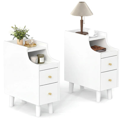 Set of 2 Solid Wood Night Side Table with Pull-out Tray and 2 Storage Drawers-Natural