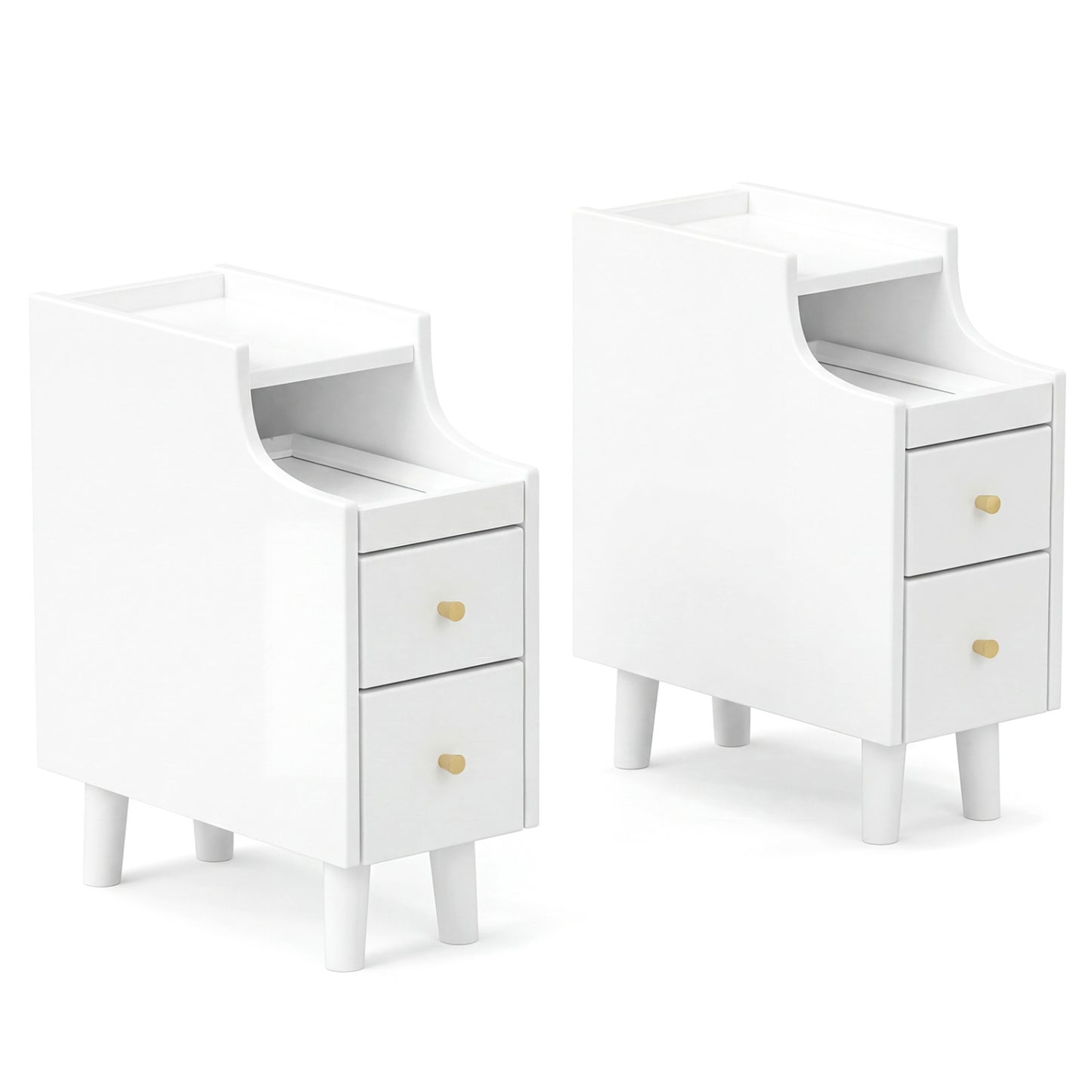 Set of 2 Solid Wood Night Side Table with Pull-out Tray and 2 Storage Drawers-Natural