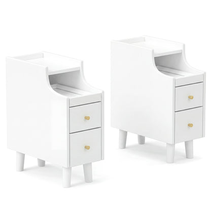 Set of 2 Solid Wood Night Side Table with Pull-out Tray and 2 Storage Drawers-Natural