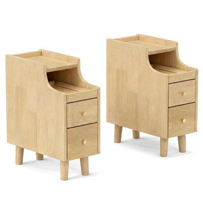 Set of 2 Solid Wood Night Side Table with Pull-out Tray and 2 Storage Drawers-Natural