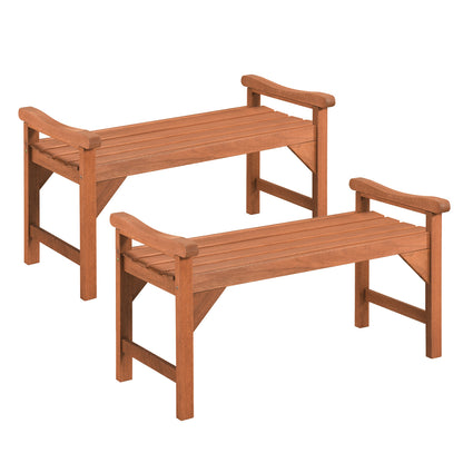 Set of 2 Solid Wood Backless Garden Bench with Support Handles and Curved Slatted Seat for Deck