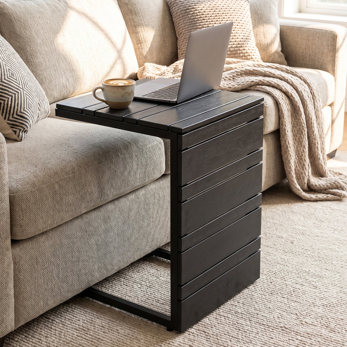 Set of 2 Space-Saving C-Shaped Side Table with Wood-Plastic Top-Black