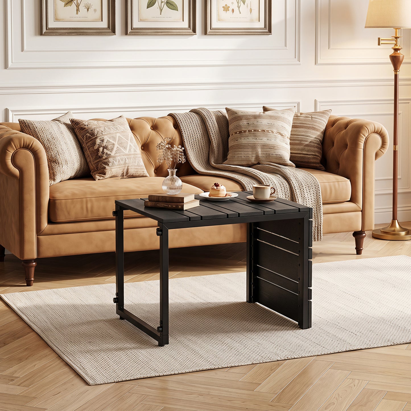 Set of 2 Space-Saving C-Shaped Side Table with Wood-Plastic Top-Black