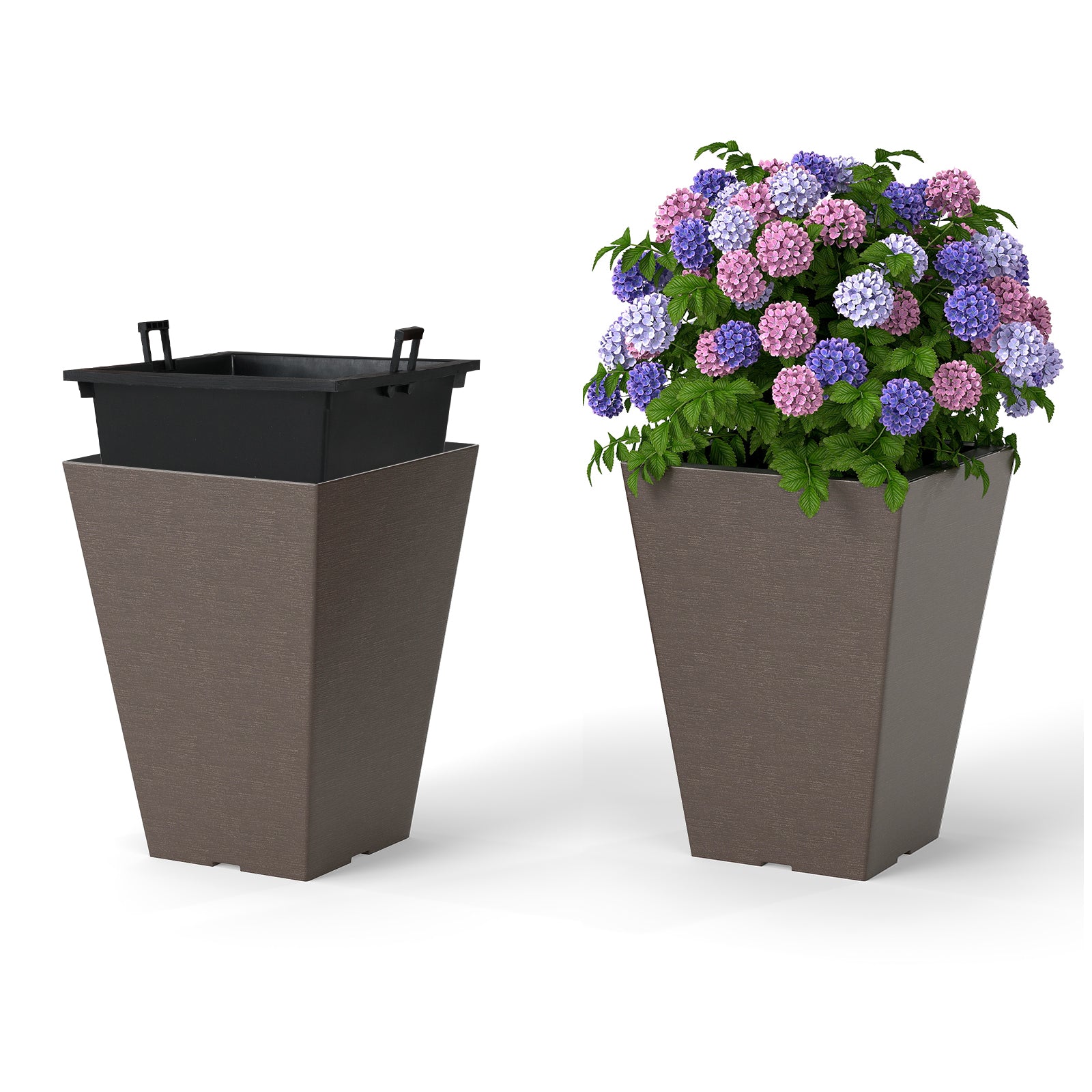 Set of 2 black square taper planters with removable inner buckets and optional drainage holes for outdoor garden use.