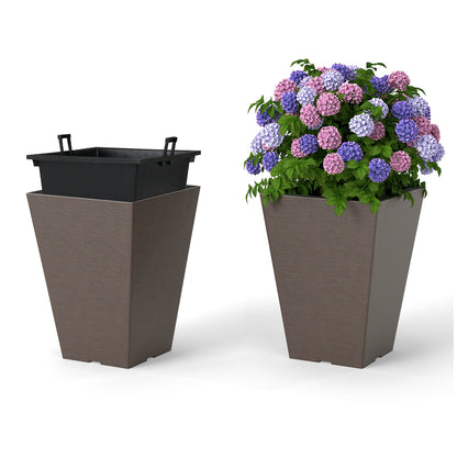Set of 2 black square taper planters with removable inner buckets and optional drainage holes for outdoor garden use.