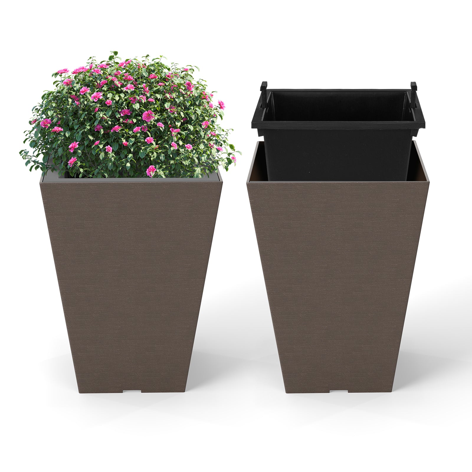 Set of 2 black square taper planters with removable inner buckets and optional drainage holes for outdoor garden use.