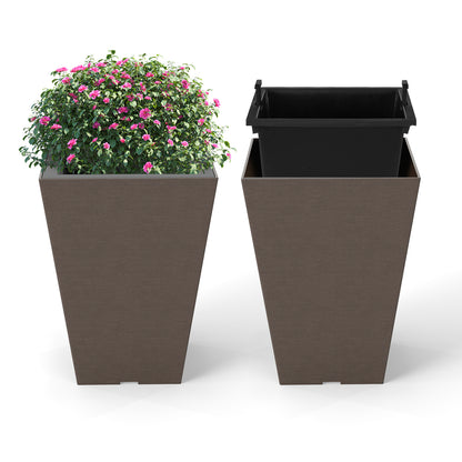 Set of 2 black square taper planters with removable inner buckets and optional drainage holes for outdoor garden use.