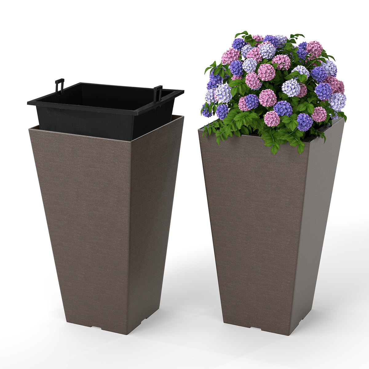 Set of 2 black 22.5-inch tall square outdoor planters with self-watering feature and removable inner bucket.
