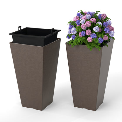 Set of 2 black 22.5-inch tall square outdoor planters with self-watering feature and removable inner bucket.