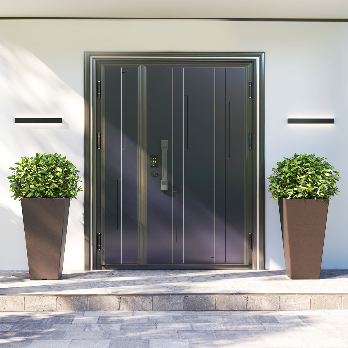 Set of 2 black 22.5-inch tall square self-watering outdoor planters with removable inner buckets for gardening.