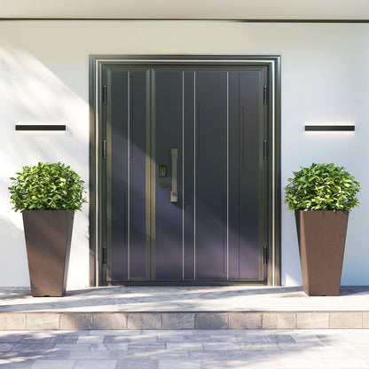 Set of 2 black 22.5-inch tall square self-watering outdoor planters with removable inner buckets for gardening.