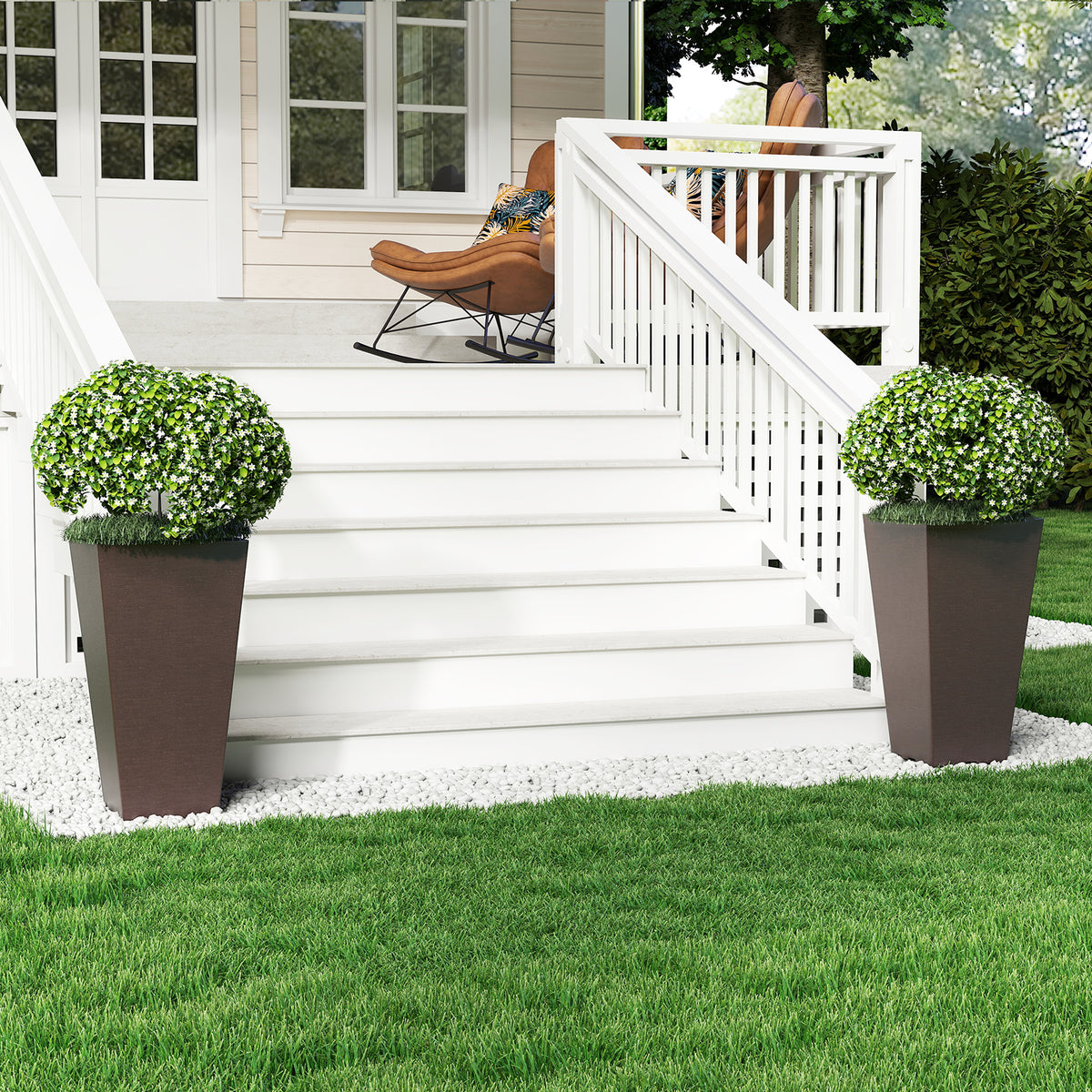 Set of 2 22.5-inch black square self-watering planters with removable inner buckets for outdoor gardening.
