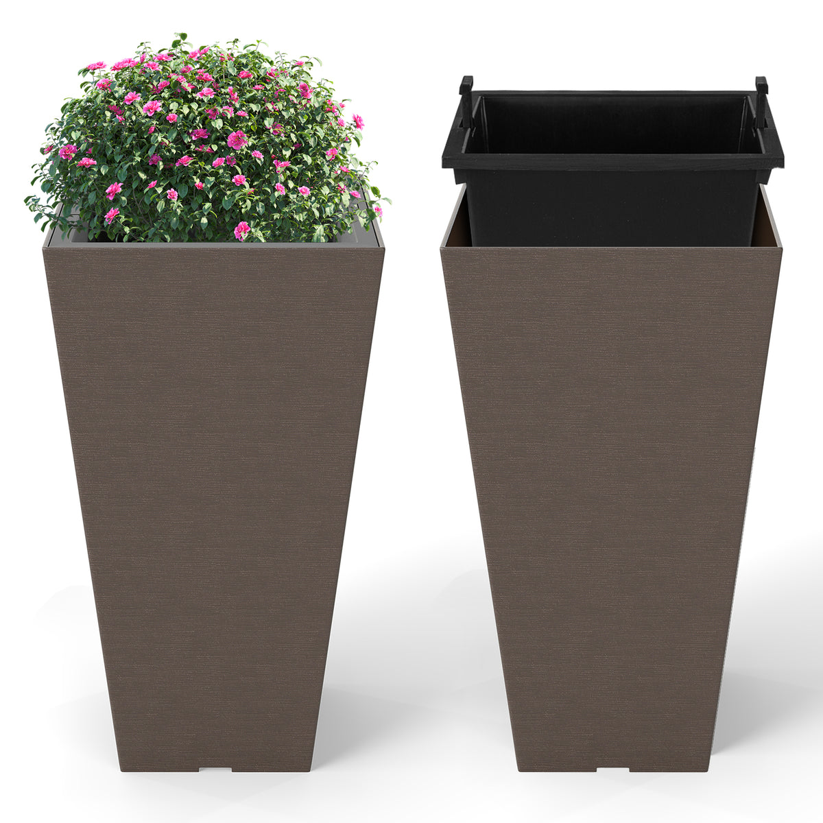 Set of 2 black 22.5-inch square self-watering outdoor flower planters with removable inner buckets.