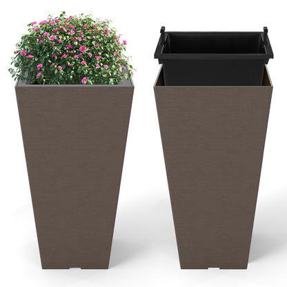 Set of 2 black 22.5-inch square self-watering outdoor flower planters with removable inner buckets.