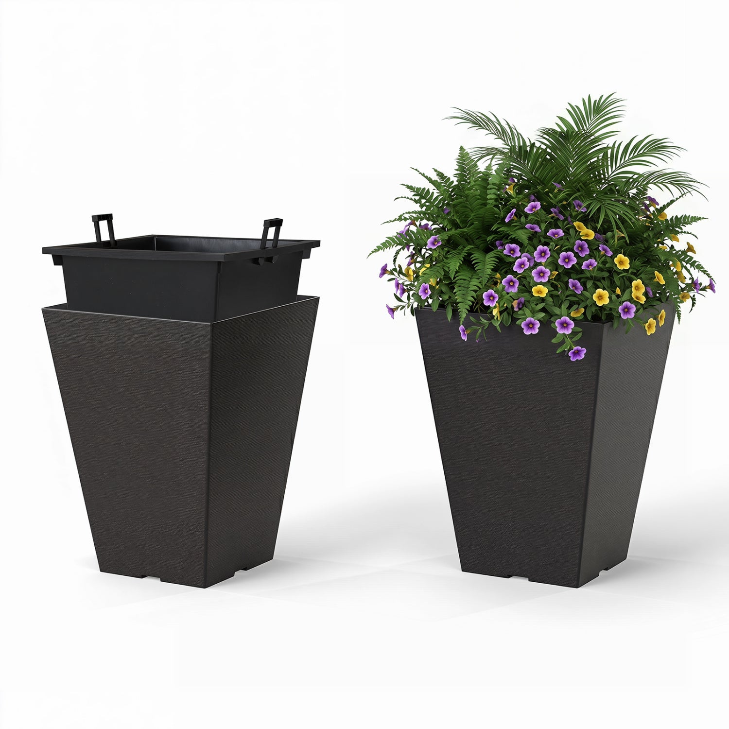 Set of 2 black square taper planters with removable inner buckets, outdoor garden raised beds with optional drainage holes.