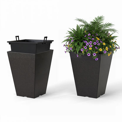 Set of 2 black square taper planters with removable inner buckets, outdoor garden raised beds with optional drainage holes.