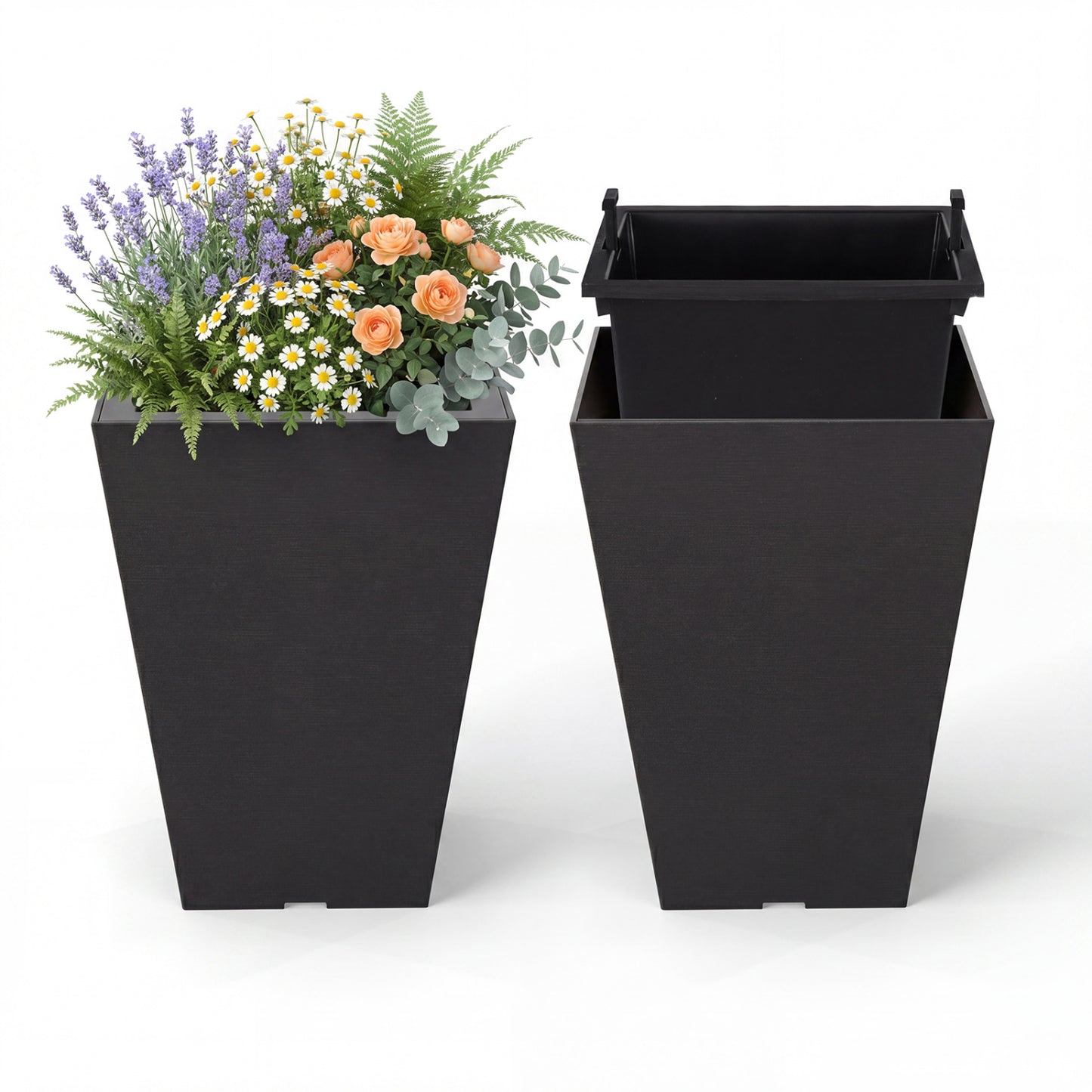 Set of 2 black square taper planters with removable inner buckets and optional drainage holes, ideal for outdoor garden use.