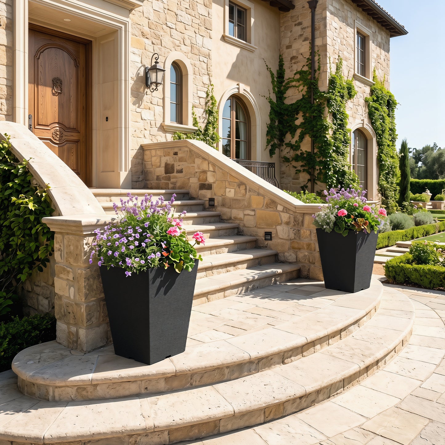Set of 2 black square taper planters with removable inner buckets for outdoor garden raised beds, includes optional drainage holes.
