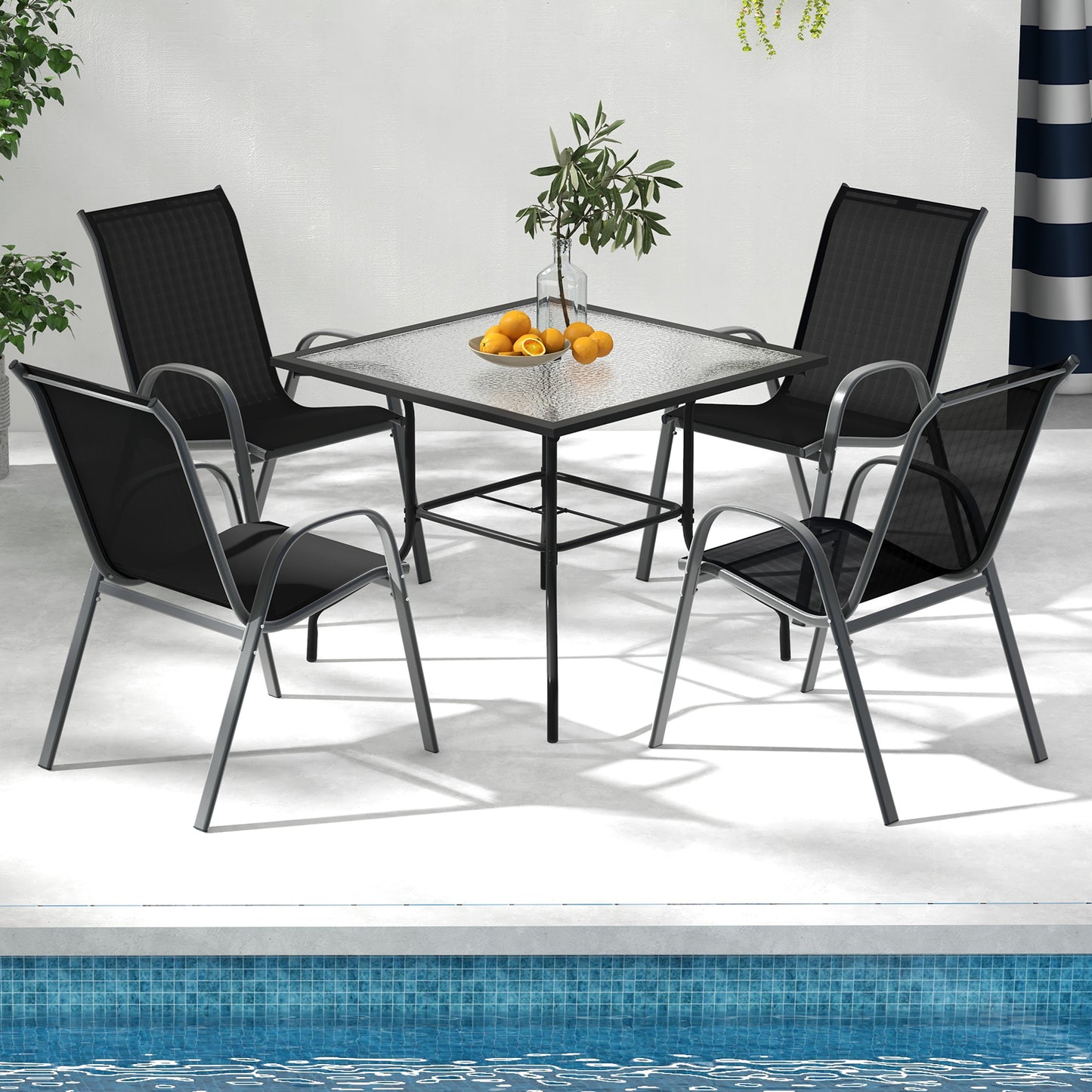 Set of 2 Stackable Patio Dining Chairs Set with Armrest-Black