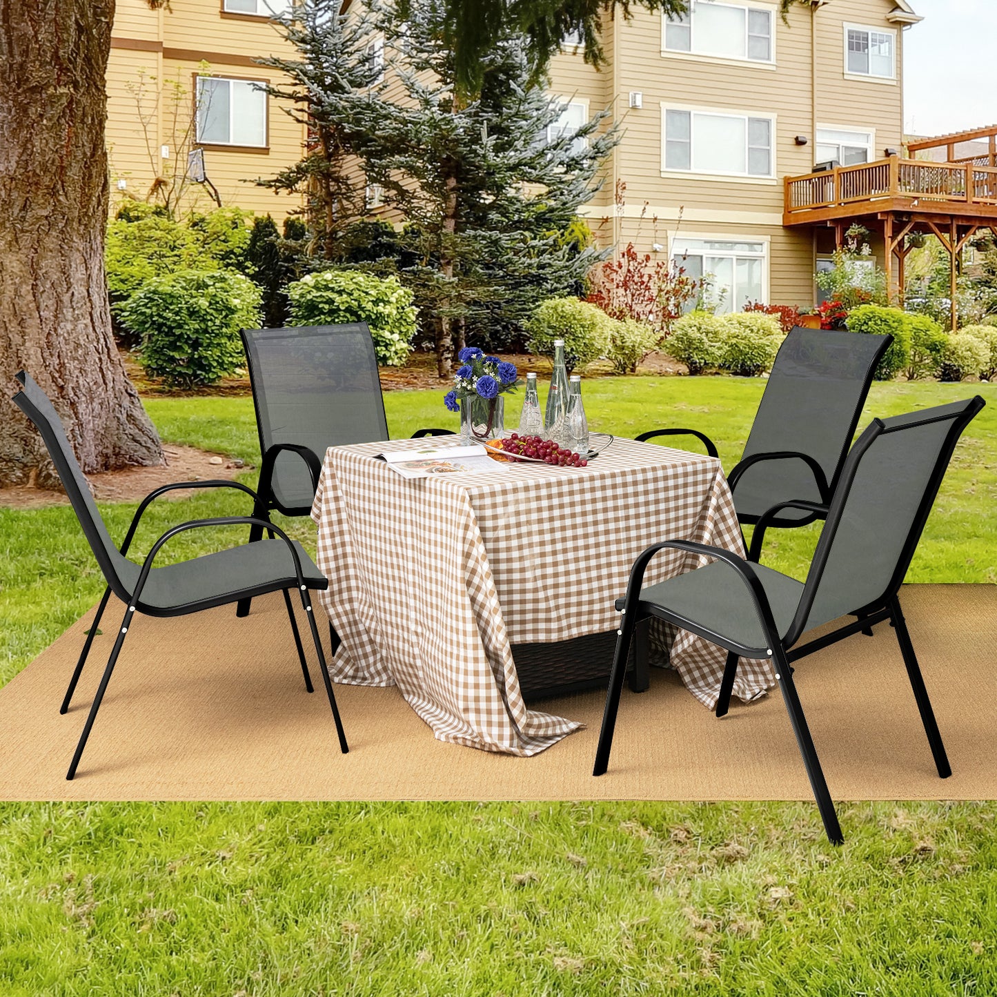 Set of 2 Stackable Patio Dining Chairs Set with Armrest-Black