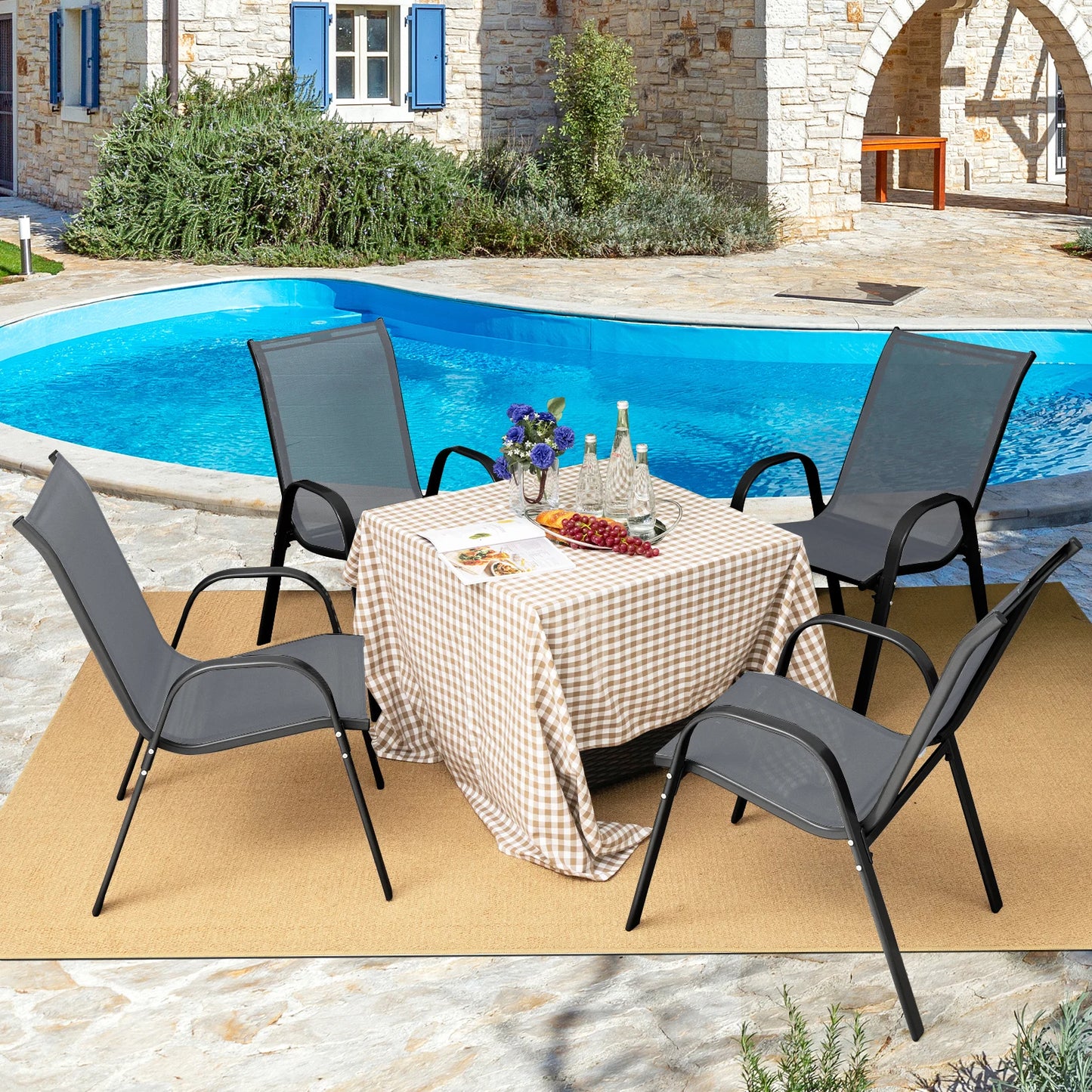 Set of 2 Stackable Patio Dining Chairs Set with Armrest-Black