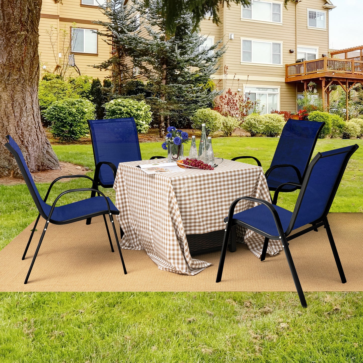 Set of 2 Stackable Patio Dining Chairs Set with Armrest-Black