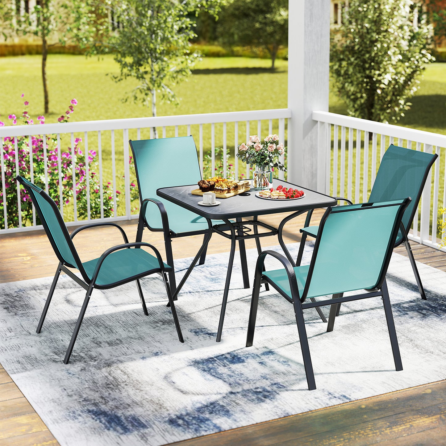 Set of 2 Stackable Patio Dining Chairs Set with Armrest-Black