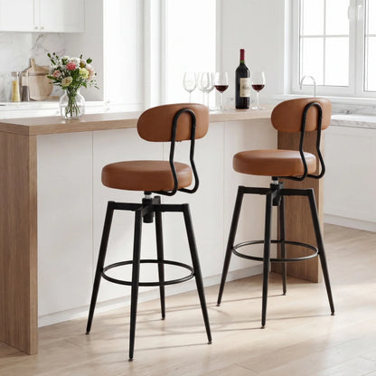 Set of 2 Swivel Barstools Faux Leather with Upholstered Seat and Back-Black