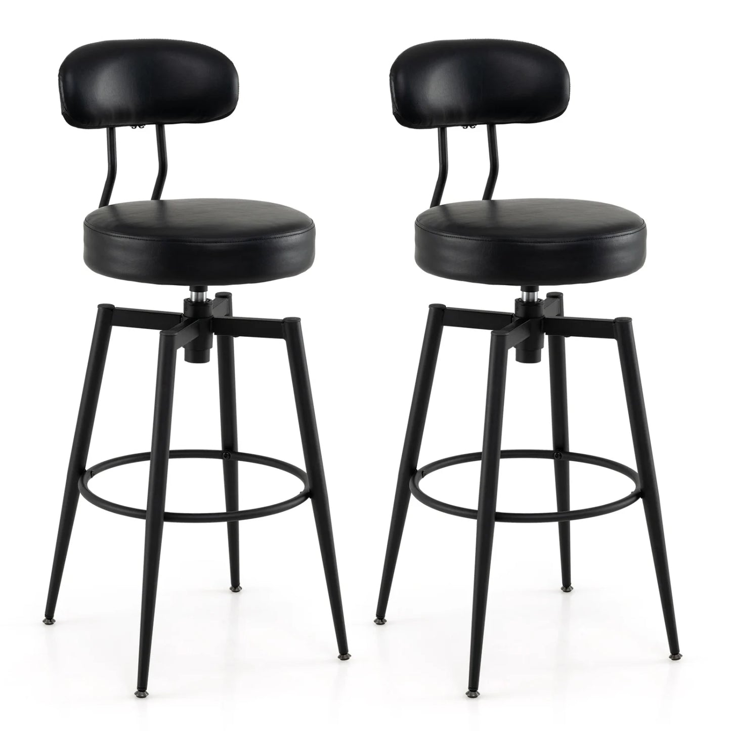 Set of 2 Swivel Barstools Faux Leather with Upholstered Seat and Back-Black