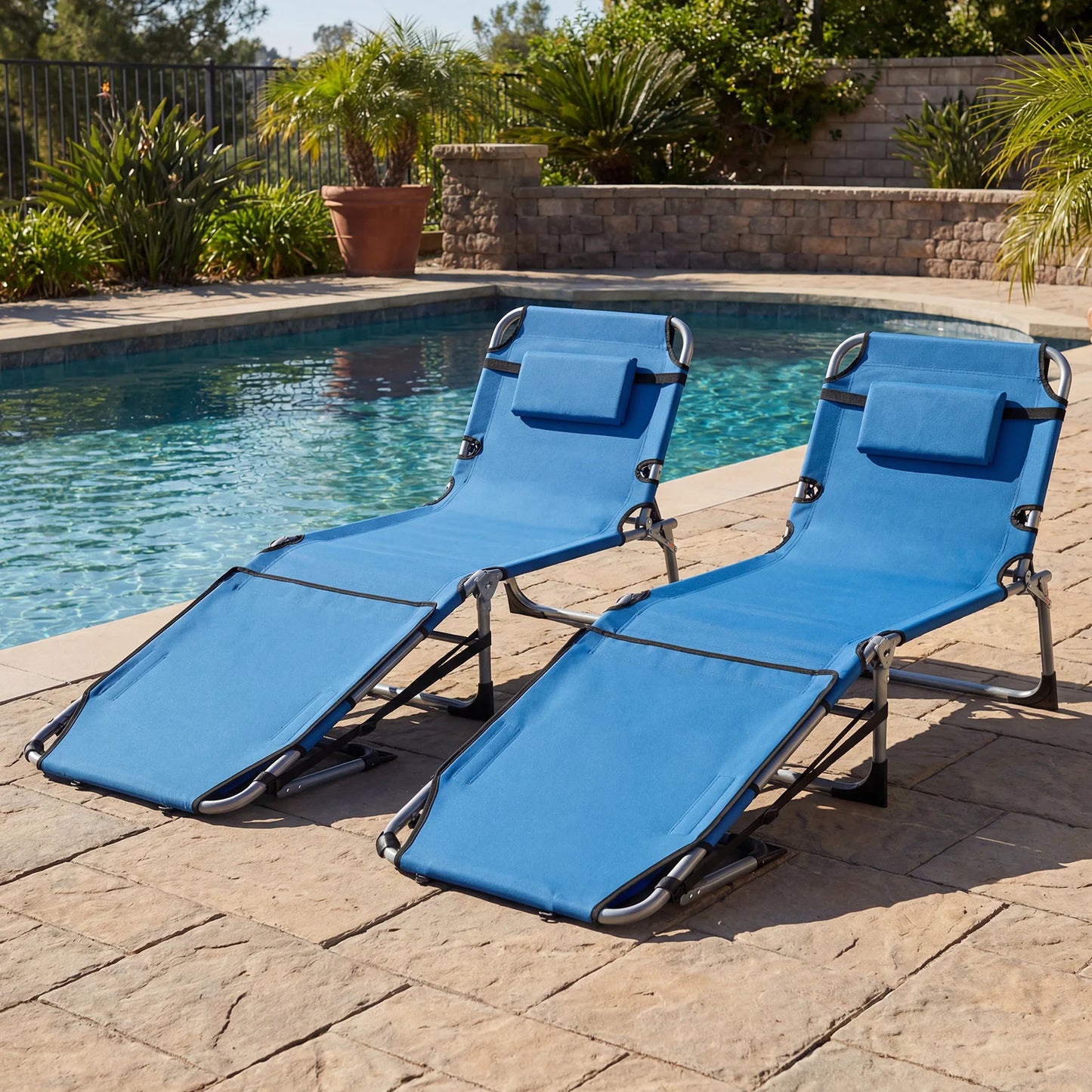 Set of 2 Tanning Chairs with Face Arm Holes Portable with 4-Level Backrest-Beige