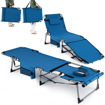 Set of 2 Tanning Chairs with Face Arm Holes Portable with 4-Level Backrest-Beige
