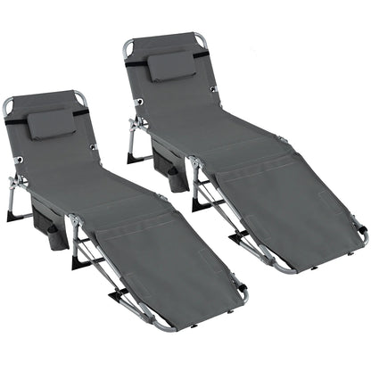 Set of 2 Tanning Chairs with Face Arm Holes Portable with 4-Level Backrest-Beige