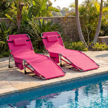 Set of 2 Tanning Chairs with Face Arm Holes Portable with 4-Level Backrest-Beige