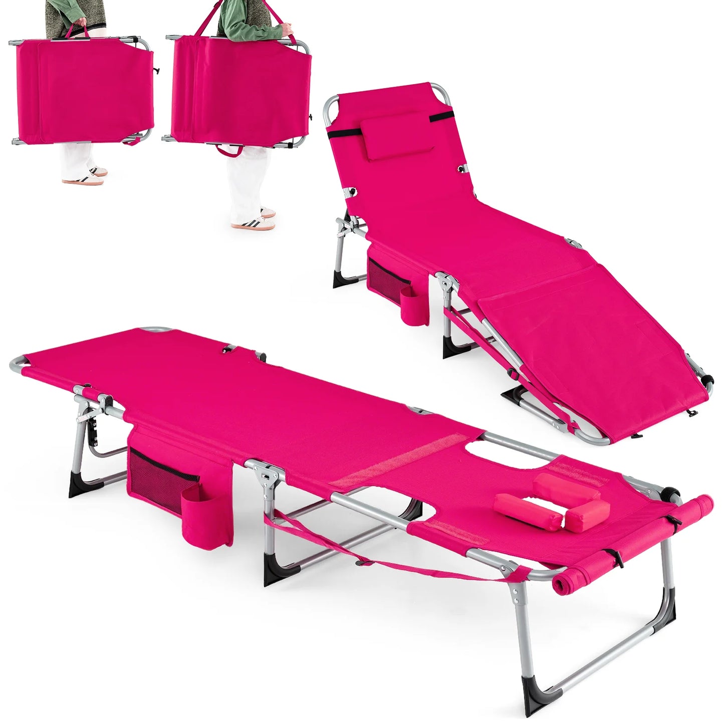 Set of 2 Tanning Chairs with Face Arm Holes Portable with 4-Level Backrest-Beige