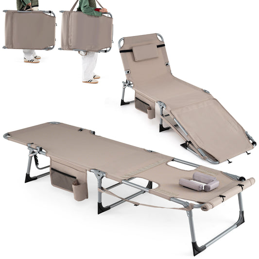 Set of 2 Tanning Chairs with Face Arm Holes Portable with 4-Level Backrest-Beige