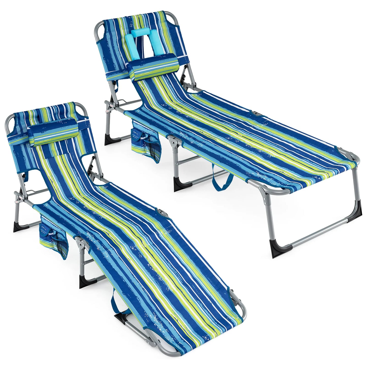 Set of 2 Tanning Chair Portable Chaise Lounge Chair with 4-Position Adjustable Backrest-Multicolor