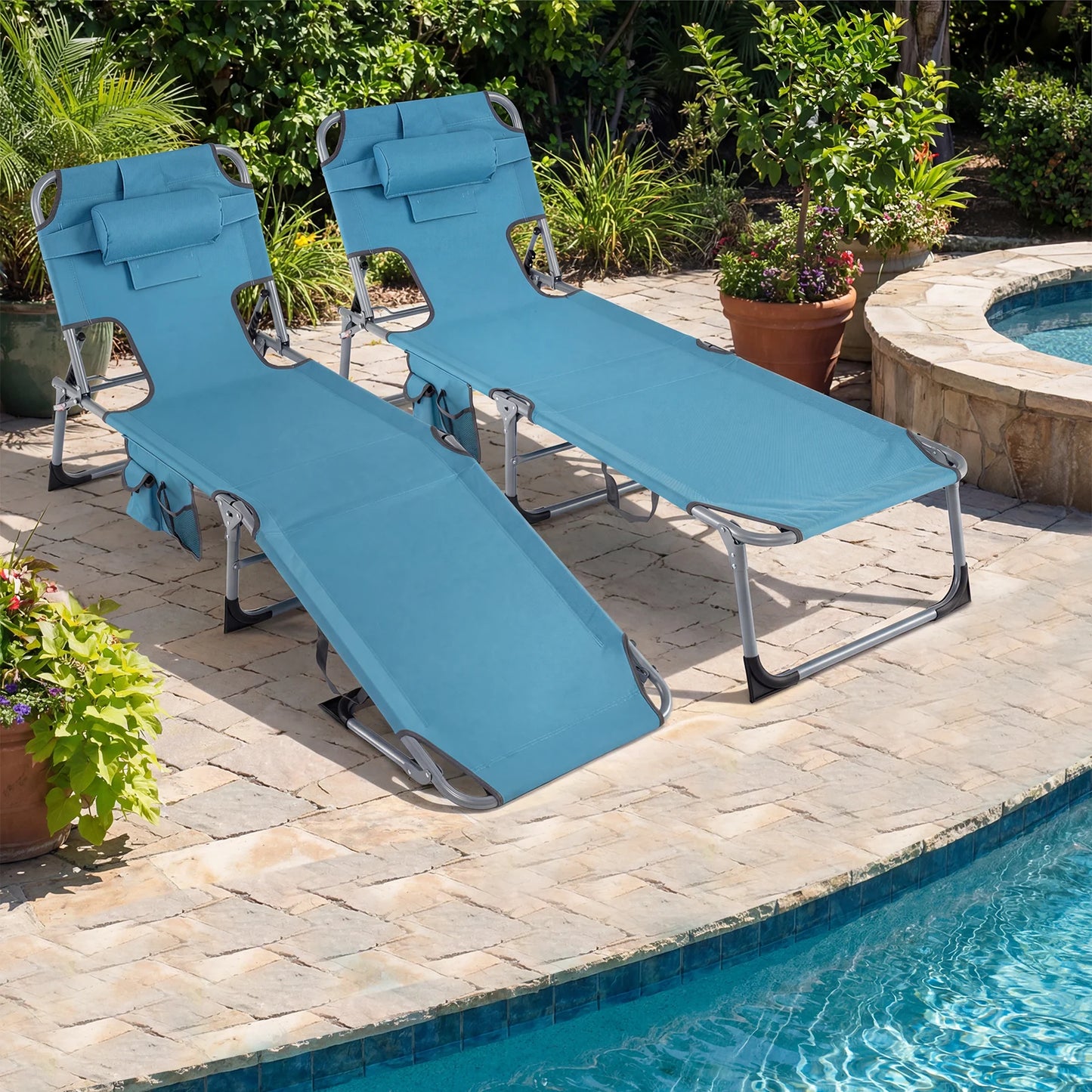 Set of 2 Tanning Chair Portable Chaise Lounge Chair with 4-Position Adjustable Backrest-Multicolor