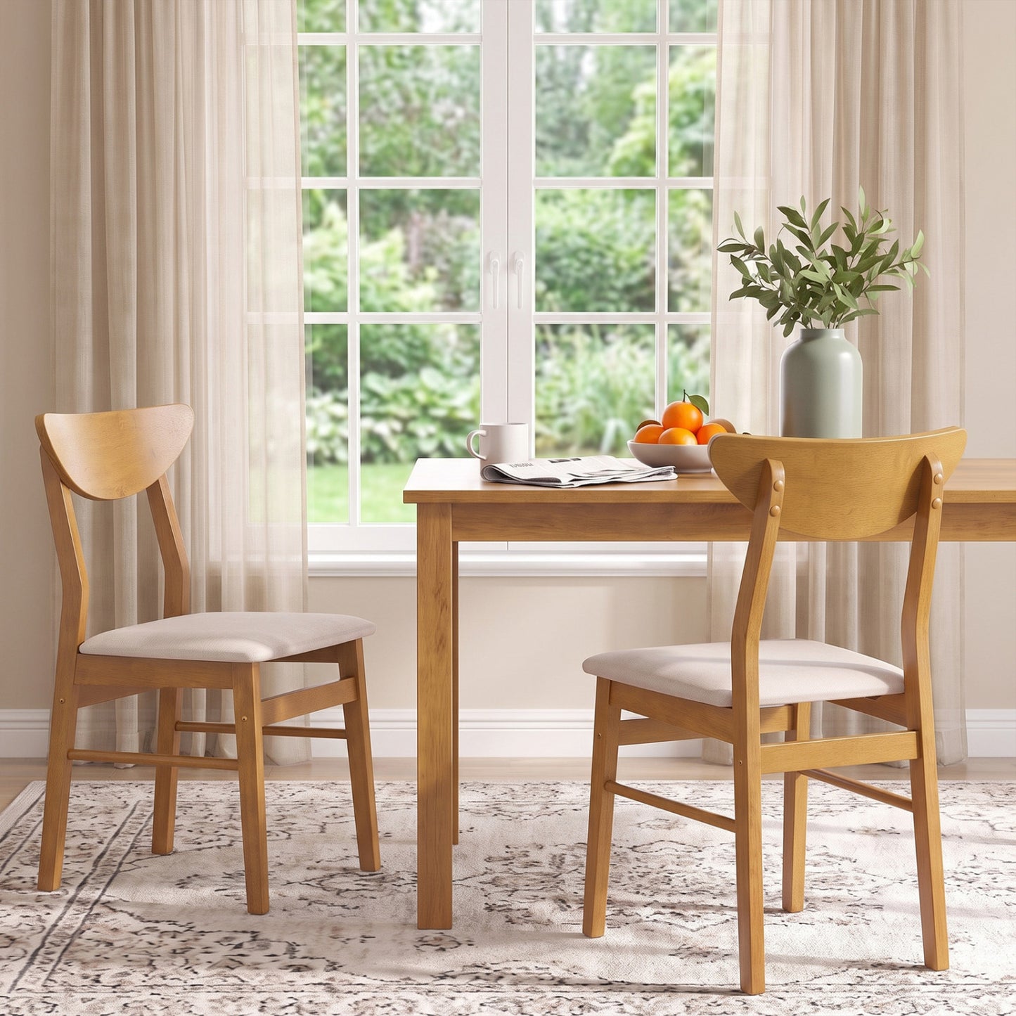 Set of 2 Upholstered Dining Chairs with Curved Backrest and Rubber Wood Frame-Natural