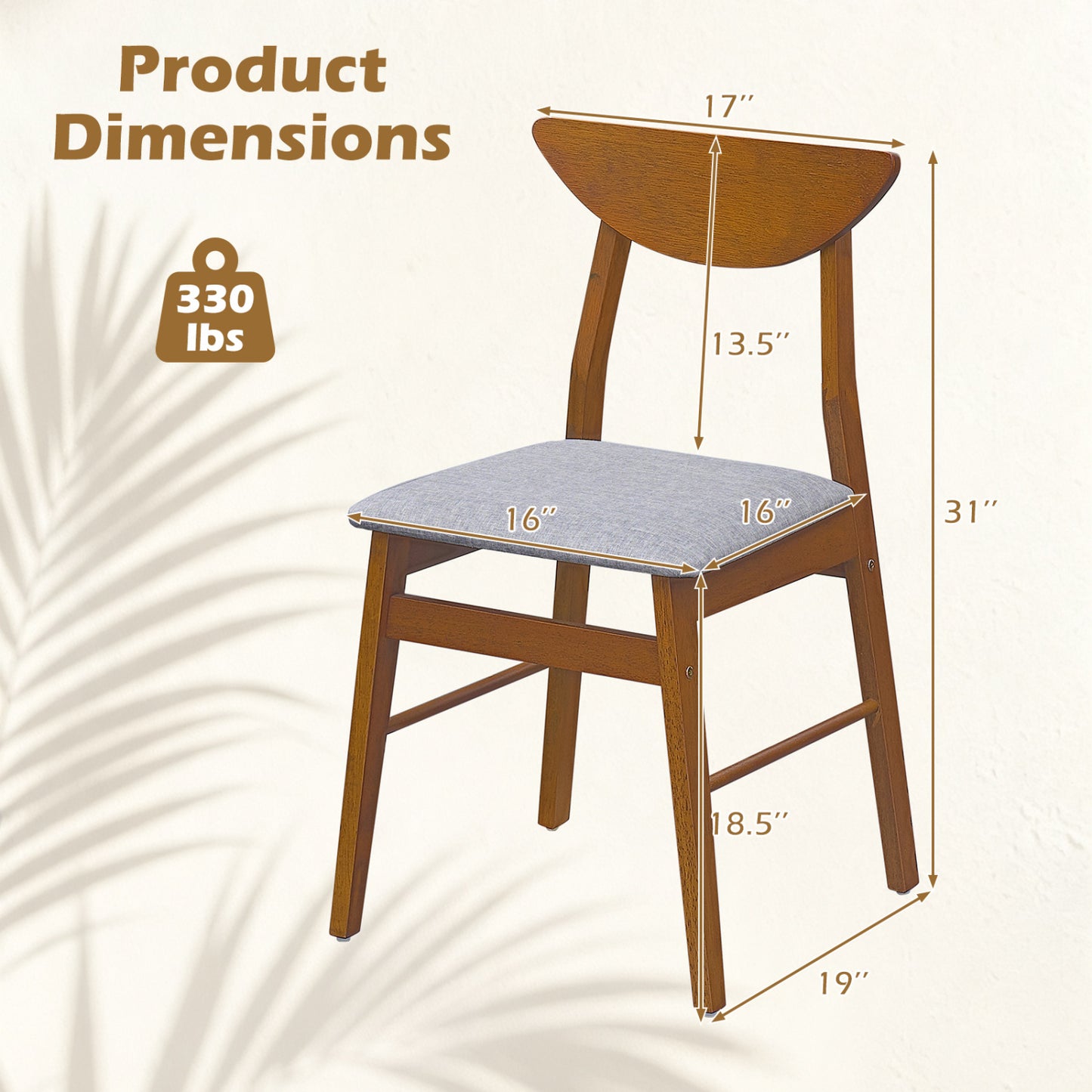 Set of 2 Upholstered Dining Chairs with Curved Backrest and Rubber Wood Frame-Natural