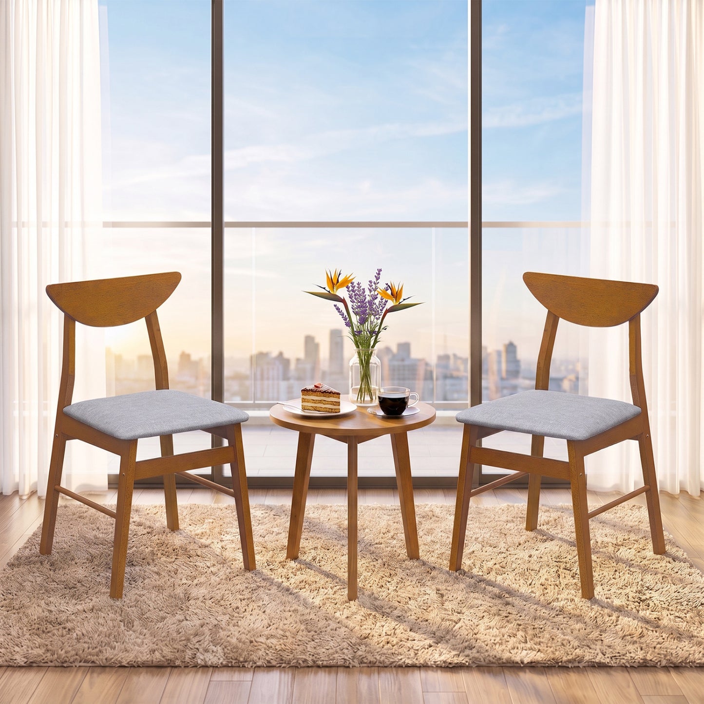 Set of 2 Upholstered Dining Chairs with Curved Backrest and Rubber Wood Frame-Natural