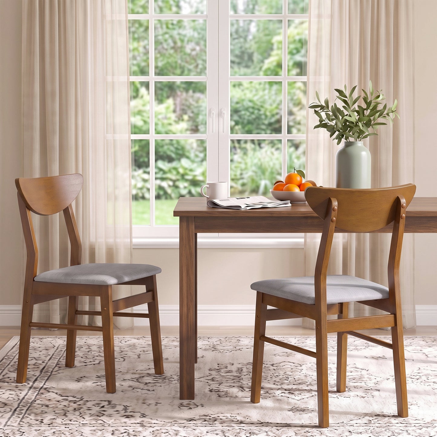 Set of 2 Upholstered Dining Chairs with Curved Backrest and Rubber Wood Frame-Natural