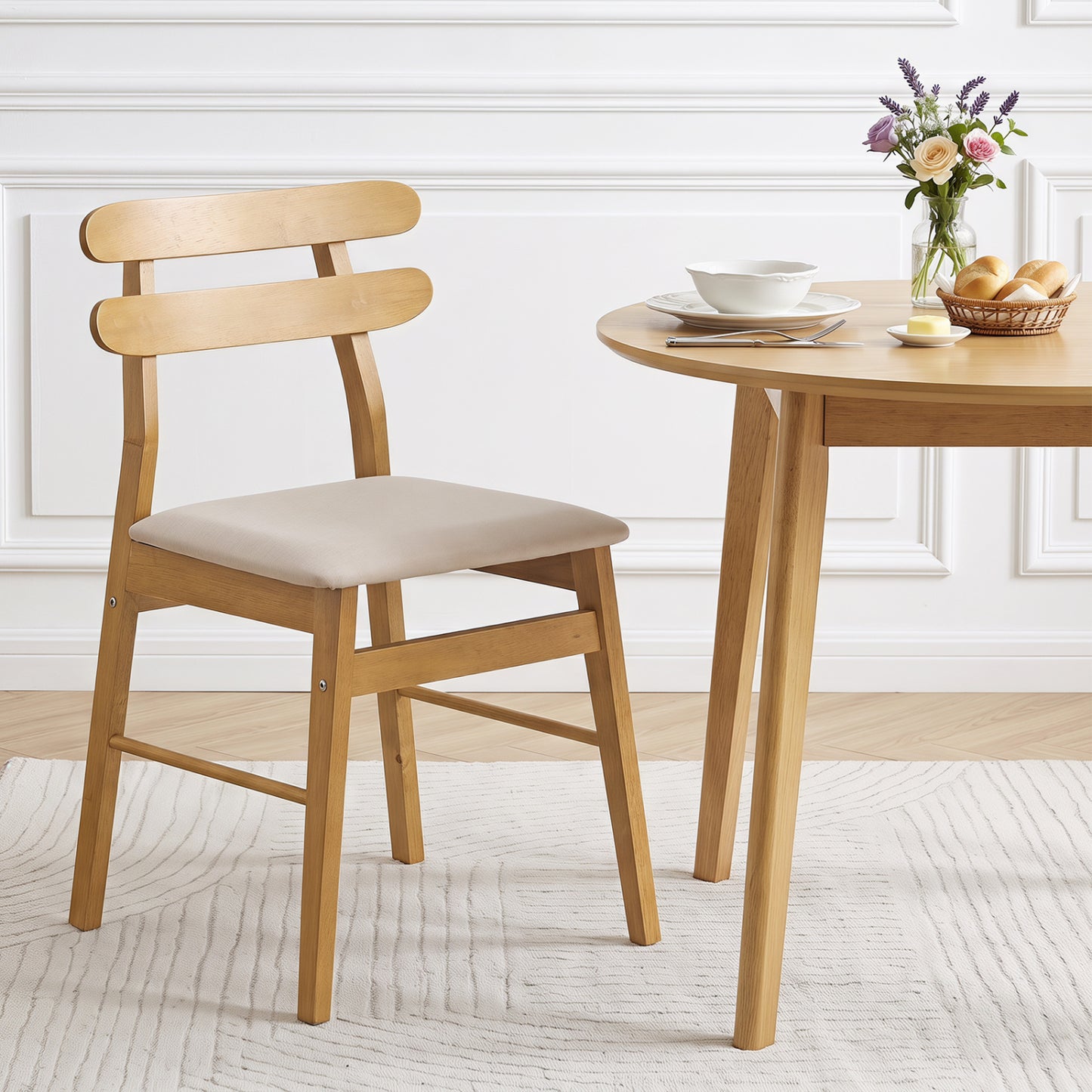 Set of 2 Upholstered Dining Chairs with Padded Seat and Solid Wood Legs-Natural